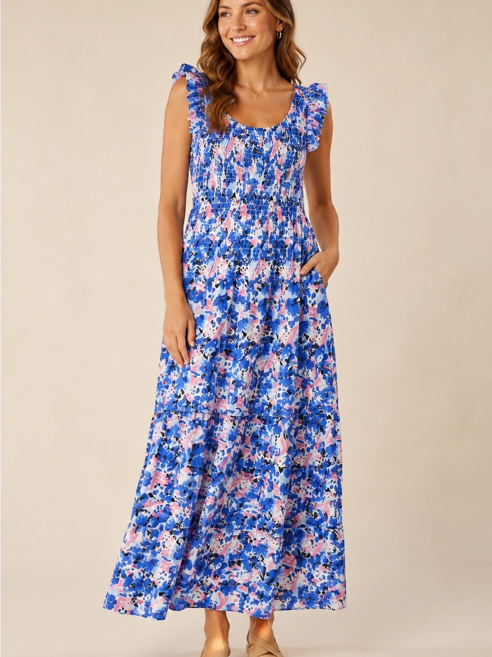 MELLODAY Blue and Pink Floral Maxi Dress with Ruffled Sleeves